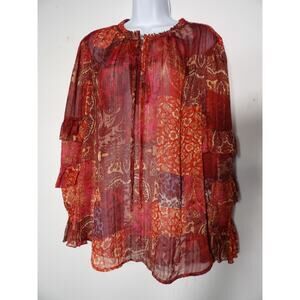 Frye and Co XXL Shirt Top Blouse Sheer Red Ruffle Boho Gauzy Layers Beach Festiv